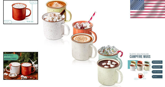 Charming Speckled Mugs - 14 oz Set of 6 for Coffee, Tea & Rustic Enjoyment