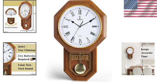 Battery-Operated Non-Chiming Wooden Pendulum Clock - 18" x 11" Classic Decor