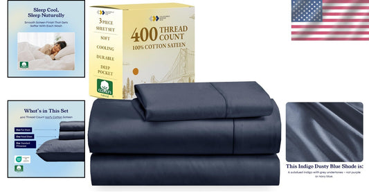 Breathable Cooling Twin Bed Sheets Set – 400 TC Indigo Cotton, Deep Pocket