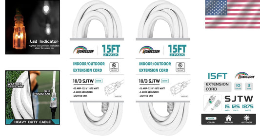 2 Pack 15FT UL Listed Heavy Duty Extension Cords with Light Indicator for Safety
