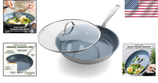 12" Treviso Stainless Steel Nonstick Frying Pan with Lid - PFAS-Free & Durable