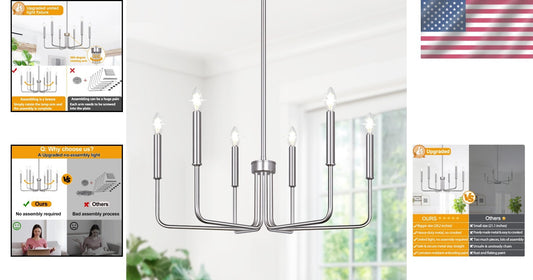 Adjustable Height 6-Light Brushed Nickel Chandelier - Modern Farmhouse Style