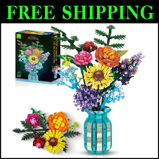 Creative 1853pcs Floral Building Blocks Set with Adjustable Stems for Home Decor