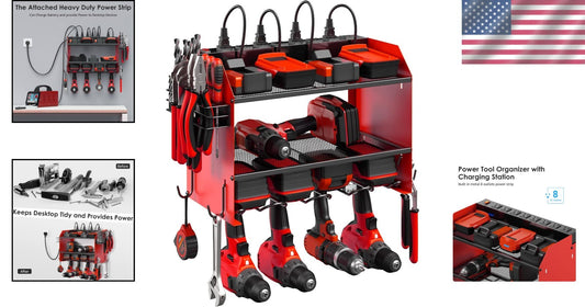 Dual-Tier Power Tool Storage Shelf w/ Surge Protector & Built-in Battery Holder