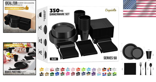 350 Pcs Black Plastic Party Plates & Utensils - Durable, BPA-Free, Easy Cleanup