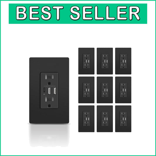 15 Amp USB Wall Outlets - 10 Pack with Screwless Black Wall Plates, UL Certified