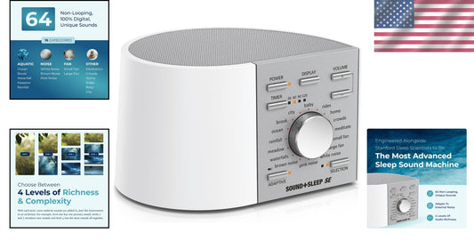 Compact White/Silver Noise Machine with Adaptive Sound Technology for Sleep Aid