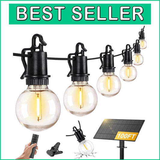 100FT Solar Outdoor String Lights - 30 Shatterproof Edison Bulbs, Remote Control