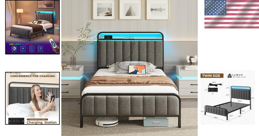 Durable Twin Metal Bed Frame with RGB Lights & Noise-Free Assembly - Dark Gray