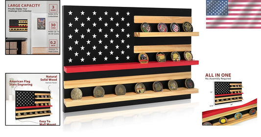 Elegant Thin Red Line Coin Holder - Solid Wood Display for 30 Challenge Coins