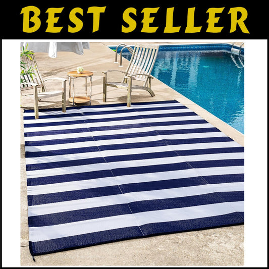 Stain Resistant Outdoor Rug - Waterproof Recycled Plastic, 4x6 ft Blue Stripes