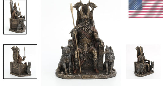 Collectible Odin Throne Sculpture with Guardian Wolves - 8.62 Inch Bronze Statue