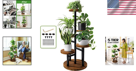 5-Tier Plant Stand - Elegant Metal & Wood Display Rack for Indoor Outdoor Use