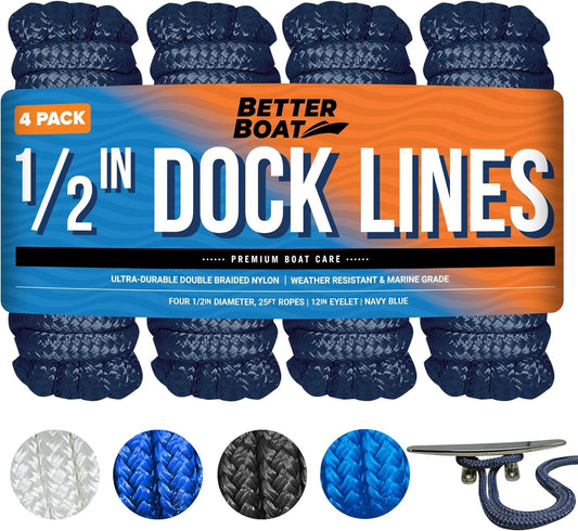 Saltwater Resistant Braided Docking Lines - 1/2 Inch Nylon, 25FT in Navy - 4PK