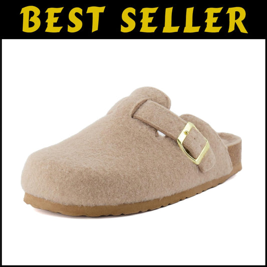 Hana Slip-On Buckle Clogs with Cork Footbed & Memory Foam - Sand Wool, Size 8.5