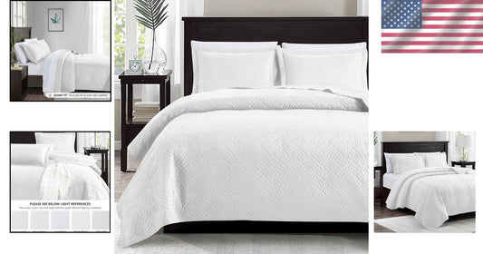 King Quilt Set – 3 Pieces of Soft White Microfiber, Wave Design Elegance