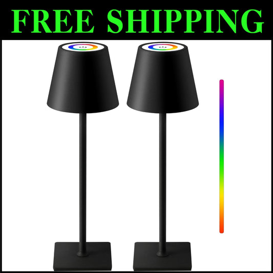 2 Pack Portable Cordless Table Lamp with RGB Stepless Dimming - 14.2 Inch Black