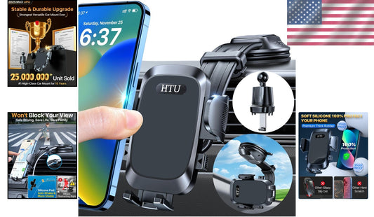4-in-1 Universal Car Phone Mount - Suction Cup & Vent Clip for Optimal Stability