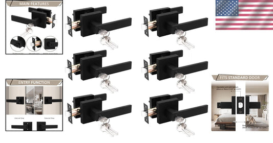 6 Pack Matte Black Keyed Alike Door Handles - Secure and Stylish Entry Solution