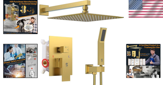 Wall-Mounted 12" Brushed Gold Rain Shower System with High Pressure Performance