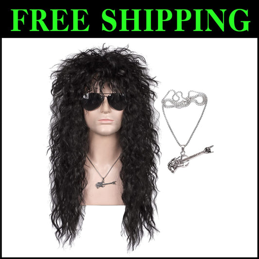 Adjustable Long Black Wig with Necklace - Perfect for 80s Cosplay & Fashion