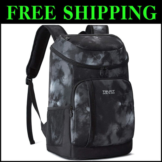 Lightweight 30-Can Tie-Dyed Black Insulated Cooler Backpack - Leak-Proof Design
