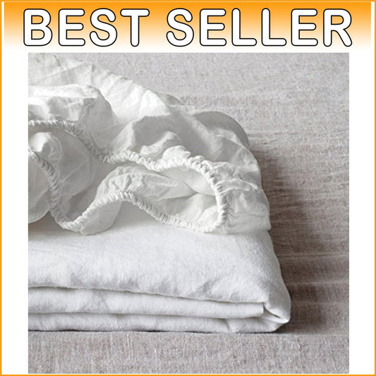 Durable Queen Linen Fitted Sheet - 14" Deep Pocket for Secure Fit - White