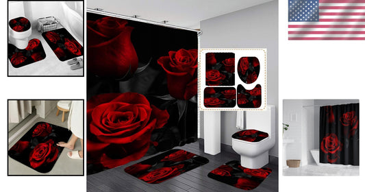 Elegant 4-Piece Rose Shower Curtain Set – Waterproof Floral Bathroom Decor