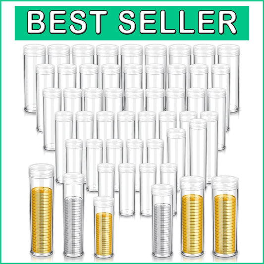 Clear Coin Holders - 60 Pcs Tubes in 6 Sizes, Perfect for Organizing Coins
