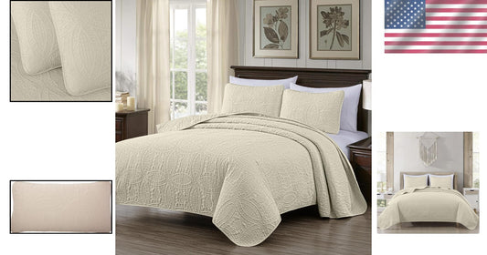 Elegant 3-Piece Ivory King Coverlet with Medallion Pattern - Year-Round Comfort