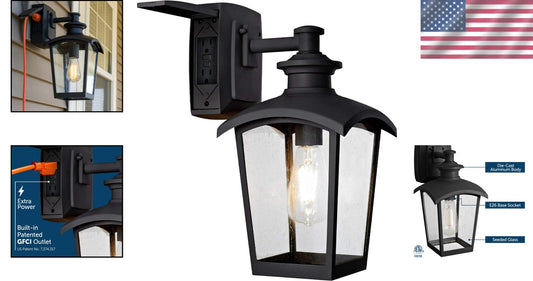 Elegant 1-Light Black Wall Sconce with Seeded Glass and Integrated GFCI Outlet
