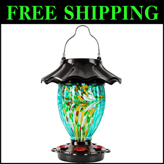 Elegant Solar Color Changing Hummingbird Feeder - 32 fl. oz Hand Blown Glass