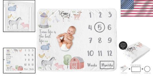 40x50 Minky Fleece Farm Animal Blanket with Photo Frames for Newborn Memories