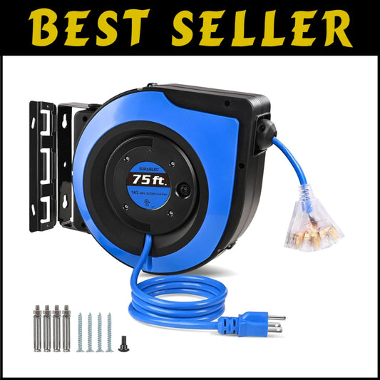 Heavy-Duty 75 FT Retractable Power Cord Reel - Wall/Ceiling Mount & UL Listed