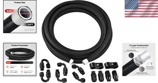 20FT 8AN PTFE Fuel Line - Black Nylon Braided Hose for Automotive Use