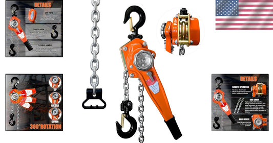 Heavy Duty Chain Hoist with Non-Slip Handle - 1650 lbs Capacity, 10 ft Chain
