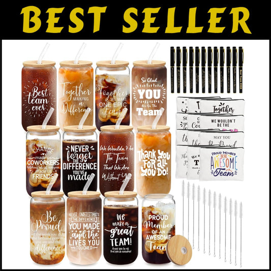 Thank You Gift Set - 12 Glass Cups, Makeup Bags & Pens for Employees, Teachers