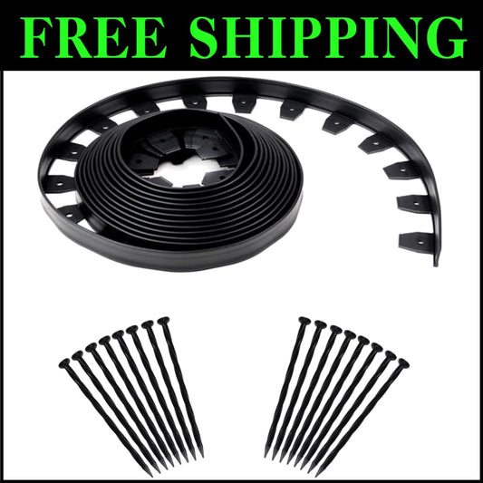 Durable Flexible No-Dig Plastic Lawn Edging Kit with Anchoring Spikes - Black