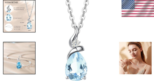 Sparkling Aquamarine Birthstone Pendant Necklace with 16" Chain & Diamonds