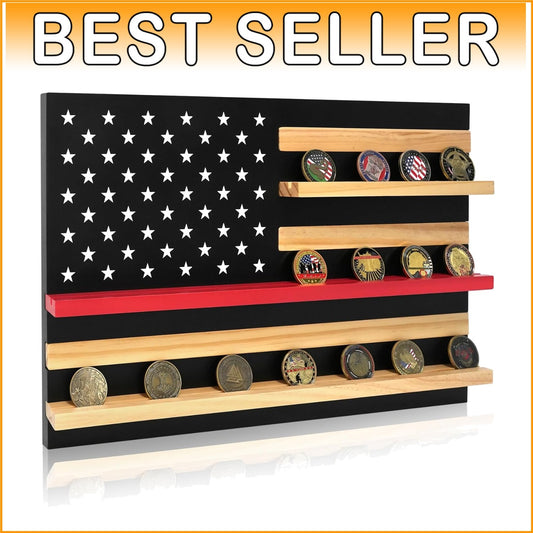 Elegant Thin Red Line Coin Holder - Solid Wood Display for 30 Challenge Coins