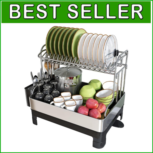 Extra Large Stainless Steel 2-Tier Dish Drying Rack with Utensil Holder, Black