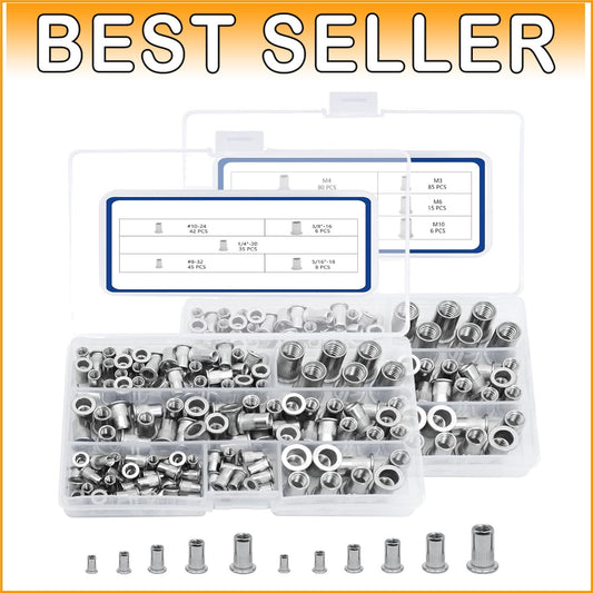 380pcs Premium SAE & Metric Stainless Steel Rivet Nut Kit - Versatile Assortment