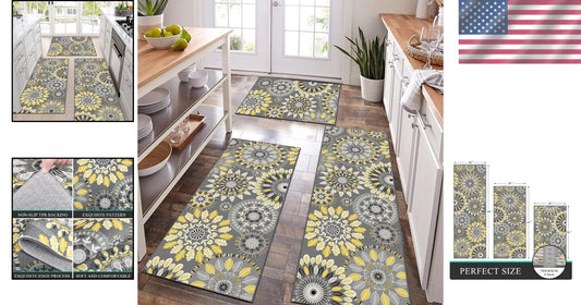 Boho 3-Piece Kitchen Rug Set - Non-Slip Runner & Floral Design for Modern Homes