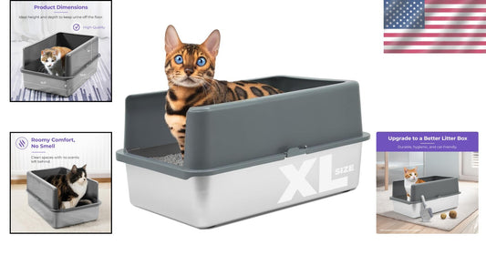 Durable Stainless Steel Litter Box with High Sides - Easy to Clean & Odor-Free