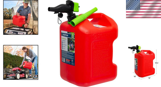 Durable 5-Gallon Red Gas Can with Flame Mitigation & Controlled Flow Spout