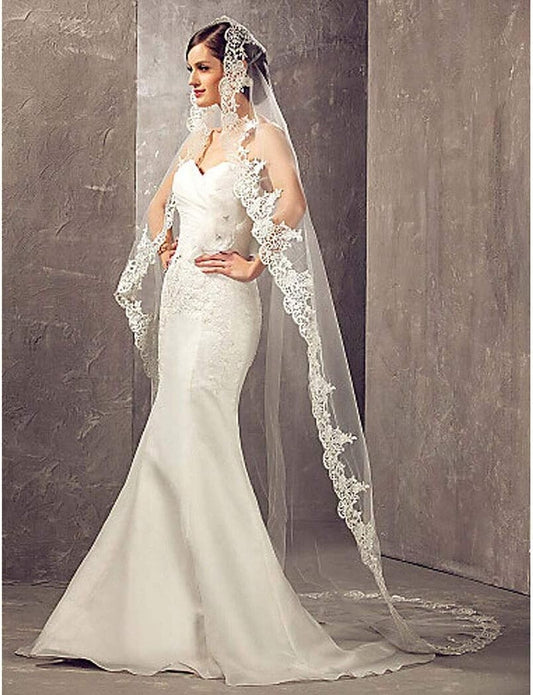 Premium Cathedral Length Tulle Veil with Lace Detailing - 106 Inches of Elegance