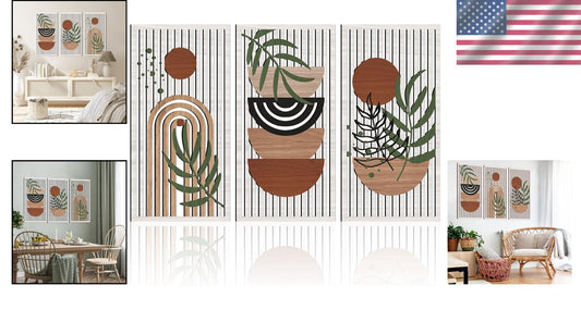 Mid Century Modern Hollow Wooden Wall Art Set - Sun, Moon, Plant Decor (32"x16")