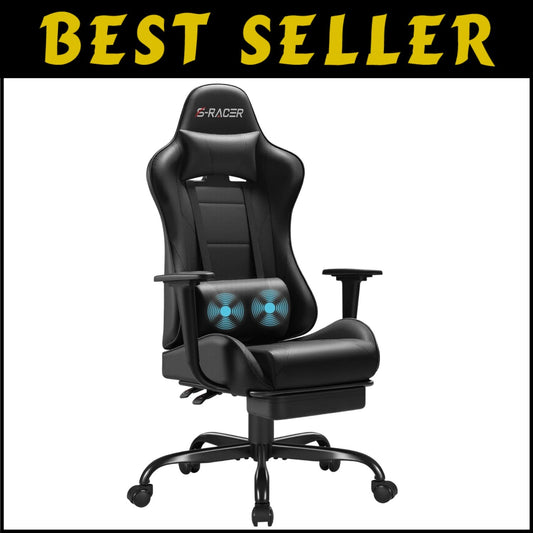 Adjustable Height Gaming Chair with Footrest & 360-Degree Swivel - Modern Black