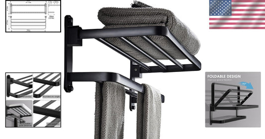 Elegant 16-Inch Matte Black Towel Rack with Folding Feature for Modern Bathrooms
