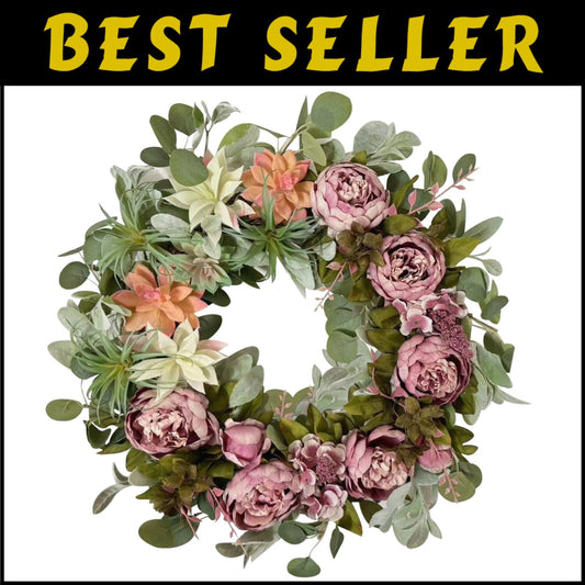 Stylish 24 Inch Spring Peony Wreath with Succulent Arrangement - Indoor/Outdoor